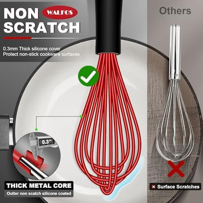 Walfos Whisk, Silicone Whisk Heat Resistant (480°F) Kitchen Whisks Set of 4- Professional Whisks For Cooking Non Scratch, Balloon Egg Whisk Perfect for Frothing, Blending, Beating