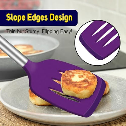 HOTEC Silicone Spatula Set of 2 Heat-Resistant 600°F & BPA-Free Kitchen SaptulaTurner with Stainless Steel Handles, Slotted & Solid Spatulas for Nonstick Cookware, 13.7 Inch, Purple