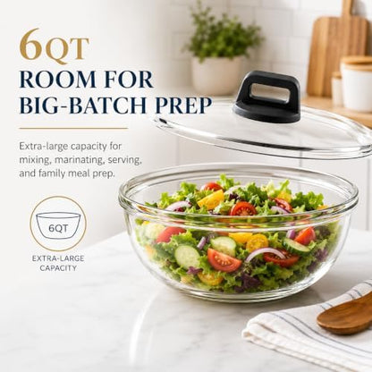 Large Glass Bowl for Sourdough Bread Making 6 QT Glass Mixing Bowl with Lid and Solid Black Bakelite Handle Clear Sourdough Bread Proofing Bowl with Cover Ideal for Baking Meal