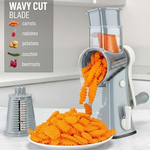 Rotary Cheese Grater Manual Hand Crank 5 Blade Shredder, Gray & White