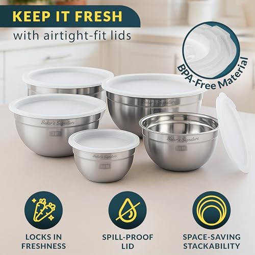 Stainless Steel Mixing Bowls with Lids Set of 5, Nesting Metal, 0.5-5 Qt
