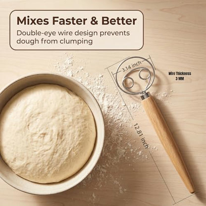 Maxjoy Danish Dough Whisk, Stainless Steel Wood Handle for Sourdough Bread