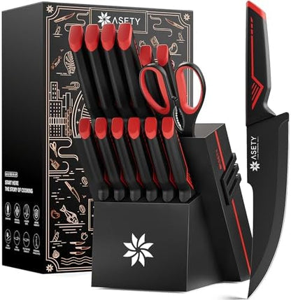 ASETY Knife Set with Block, 15 PCS Kitchen knife Set, Dishwasher Safe, Red