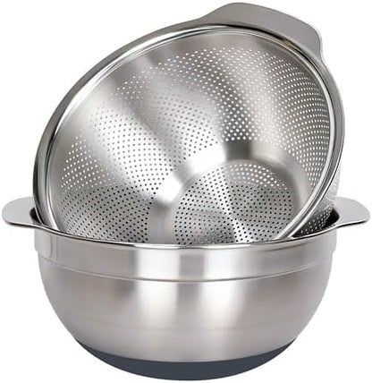 304 Stainless Steel Colander and Strainer, 5QT Large Capacity and 6QT Mixing Bowl, Micropore for Washing Rice, Fruit, and Cooked Pasta, Perfect Draining for Grain and Bean