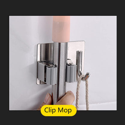 Pack of 8 Stainless Steel Broom Holder No Drill Mop Wall Mount Holder Gripper Rack with Hook Hanger Garden Tool Organizer (4 Count)