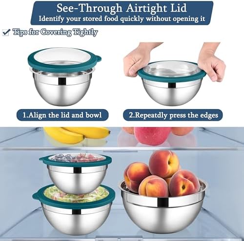 LIANYU Stainless Steel Metal Mixing Bowls, 3 Packs Nesting Bowl with Lid