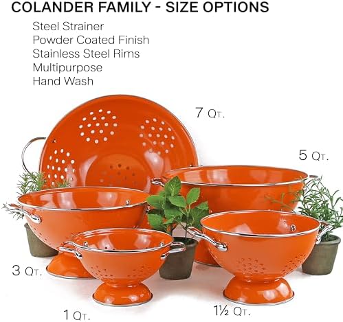 Reston Lloyd, 1.5 Quart Powder Coated Steel Kitchen Strainer Basket for draining Pasta, Vegetable and Fruit, Chrome Handles and Wide Stable Base, Orange
