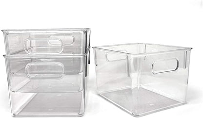 Isaac Jacobs 3-Pack Medium Clear Storage Bins with Handles, Plastic Organizer for Home or Fridge/Freezer, Pantry and Kitchen Non-Slip Container Set, BPA Free, Food Safe (3-Pack, Medium)