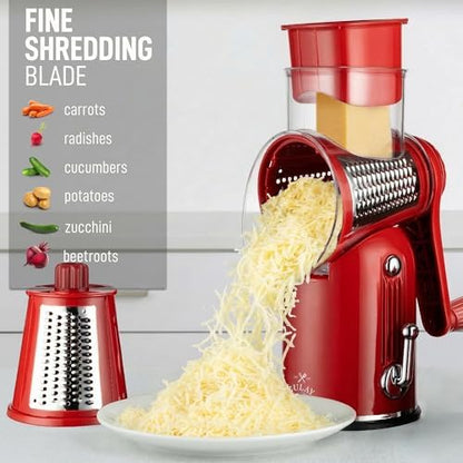 Rotary Cheese Grater Manual Hand Crank 5 Blade Shredder, Classic Red