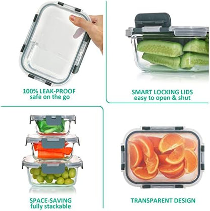 KOMUEE 24 Pieces Glass Food Storage Containers Set, Gray