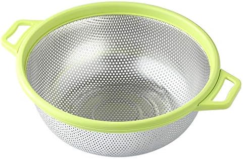 HiramWare Stainless Steel Colander With Handle and Legs, Large Metal Green Strainer for Pasta, Spaghetti, Berry, Veggies, Fruits, Noodles, Salads, 5-quart 10.5” Kitchen Mesh Colander, Dishwasher Safe