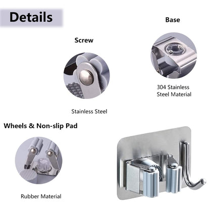 Pack of 8 Stainless Steel Broom Holder No Drill Mop Wall Mount Holder Gripper Rack with Hook Hanger Garden Tool Organizer (4 Count)