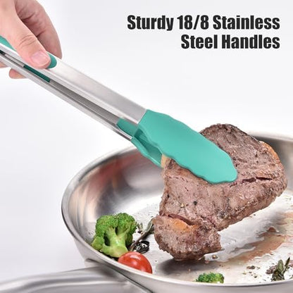 Doosu Kitchen Tongs with Silicone Tips for Cooking Serving (3Pcs, Aqua Sky)