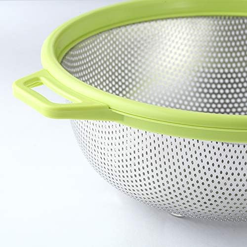 HiramWare Stainless Steel Colander With Handle and Legs, Large Metal Green Strainer for Pasta, Spaghetti, Berry, Veggies, Fruits, Noodles, Salads, 5-quart 10.5” Kitchen Mesh Colander, Dishwasher Safe