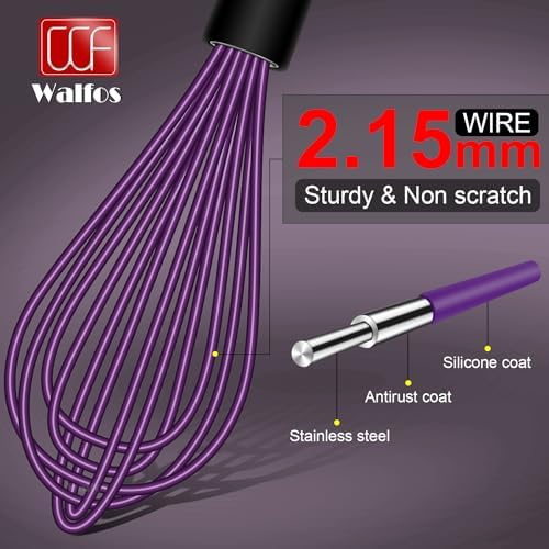 Walfos Whisk, Silicone Whisks Set of 5, Mini Stainless Steel Whisk 7+5in & Non Scratch Coated 7+9+11in Whisks, Suitable for Blending, Whisking, Beating, Frothing & Stirring. (Purple)