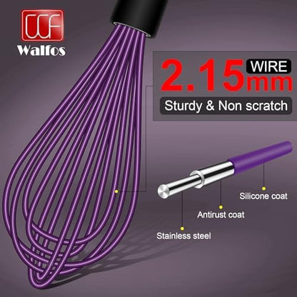 Walfos Whisk, Silicone Whisks Set of 5, Mini Stainless Steel Whisk 7+5in & Non Scratch Coated 7+9+11in Whisks, Suitable for Blending, Whisking, Beating, Frothing & Stirring. (Purple)