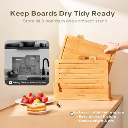 Bamboo Cutting Boards for Kitchen, Wooden Set of 3 with Holder