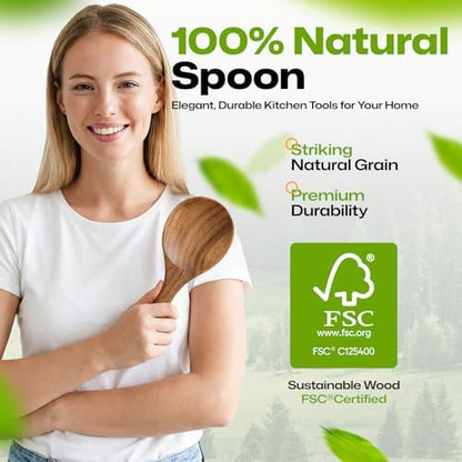 AIUHI Wooden Rice Paddle, Teak Wood Rice Spoon with Hanging Hole, Non-Stick Safe Wooden Serving Spoon for Rice, Grains & More