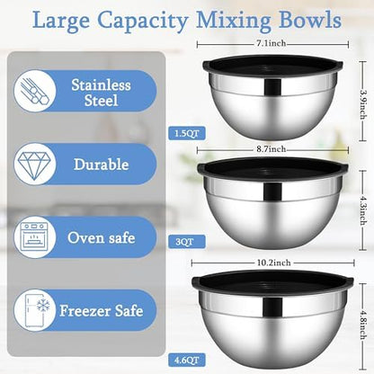 LIANYU Mixing Bowls with Lids Set of 3, Stainless Steel Nesting Metal Bowls