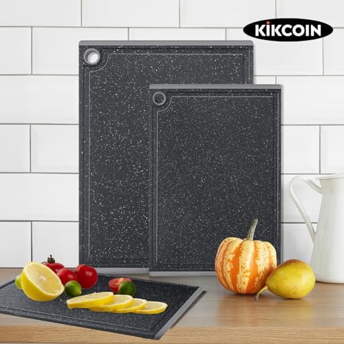 Kikcoin Plastic Cutting Boards for Kitchen, 3-Piece Large Cutting Board Set Dishwasher Safe Chopping Boards with Non-slip Feet and Juice Grooves, Light Gray