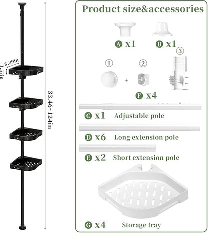 akinbas Tension Pole Shower Caddy Organizer with 4 Tier L-Shaped Rust Resistant Bathroom Corner Shelves with 34-124 Inch Adjustable No Drilling Quick Install Shower Rack for Bath Essentials (Black)