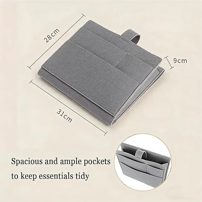 Bedside Caddy,Large Bed Caddy Hanging with Cord Slit, Bedside Remote Holder for Magazine,Books,Bunk Bed Accessories with Strong-Grip Loop Tape Sticky for Dorm, Bedroom, Sofa