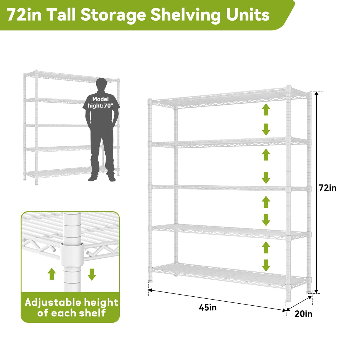 45" W x 20" D x 72" H Heavy Duty Wire Shelving Unit