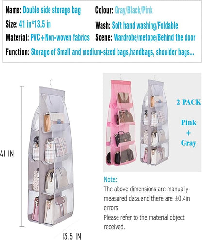 AARAINBOW 2 Packs Hanging Handbag Purse Organizer, Hanging Hand Bag Organizer Wardrobe Closet Purse Holder, 8 Pockets, 43.3L x 14.1W (B Gray Light Pink)