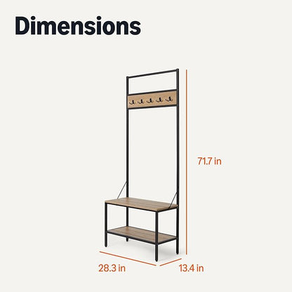 Amazon Basics Entry Bench with Hooks, Hall Tree with Shoe Storage, Steel Frame, Oak Finish
