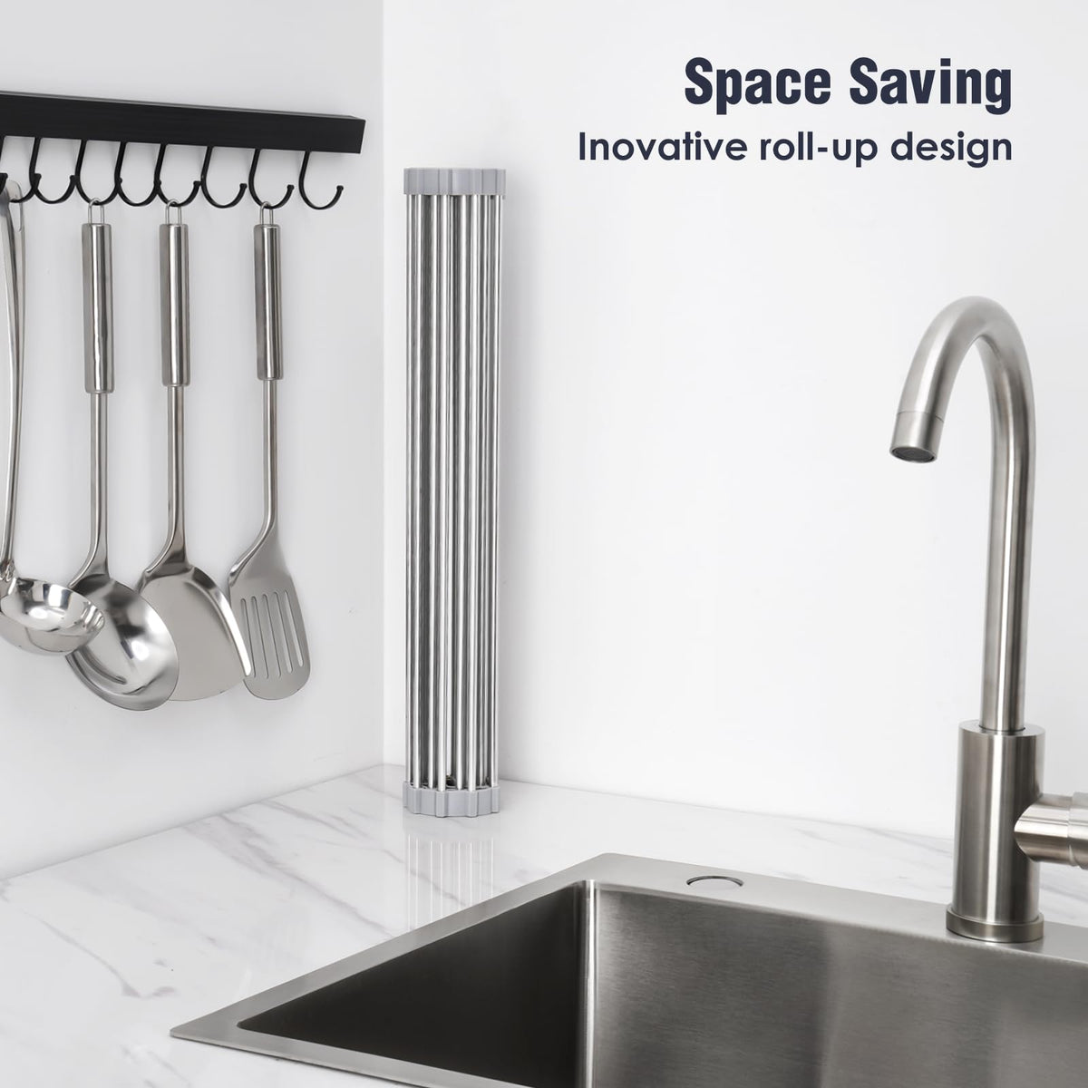 17.7" x 15.5" Roll Up Dish Drying Rack Over Sink Drying Rack Sink Cover Kitchen Sink Accessories Gadget Multipurpose Organizer Foldable Stainless Steel Drainer