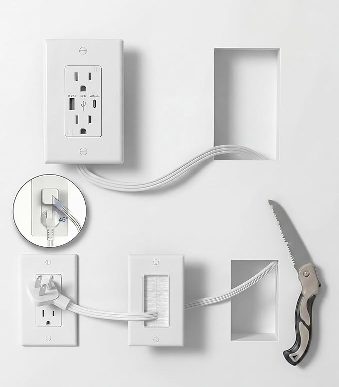 in-Wall Cable Management Kit with Recessed Outlet Box, Dual Outlet Extender with 4.2A Type C/A USB Ports, 9.8ft Extension Cord, Easy Install w/Drywall Saw, UL Listed, TR Safe Outlet Relocation Kit