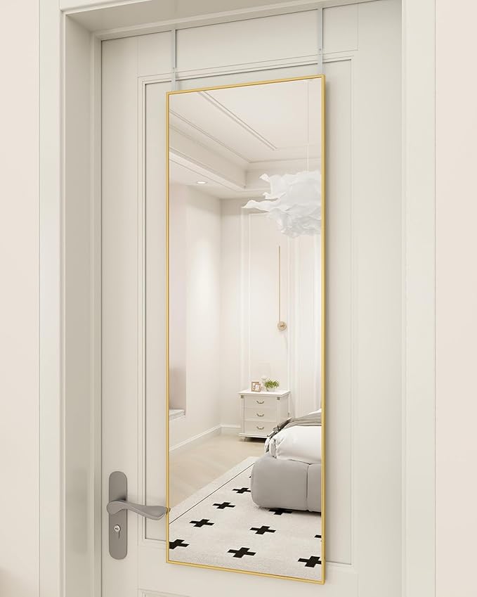 BEAUTYPEAK 14" x 48" Adjustable Height Over The Door Mirror, Rectangular Full Length Hanging Door Mirror with Shatterproof Tempered Glass Aluminum Alloy Frame for Dormitory, Gold