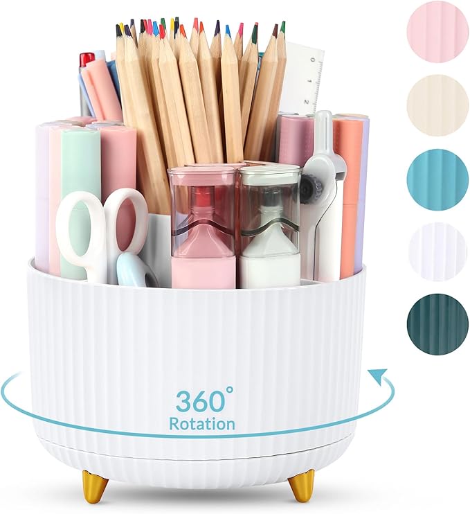 SKYDUE 360 Rotating Organizer - Dual-Purpose Pen & Pencil Holder with 5 Slots, Suitable for Office, School, or Home (White)