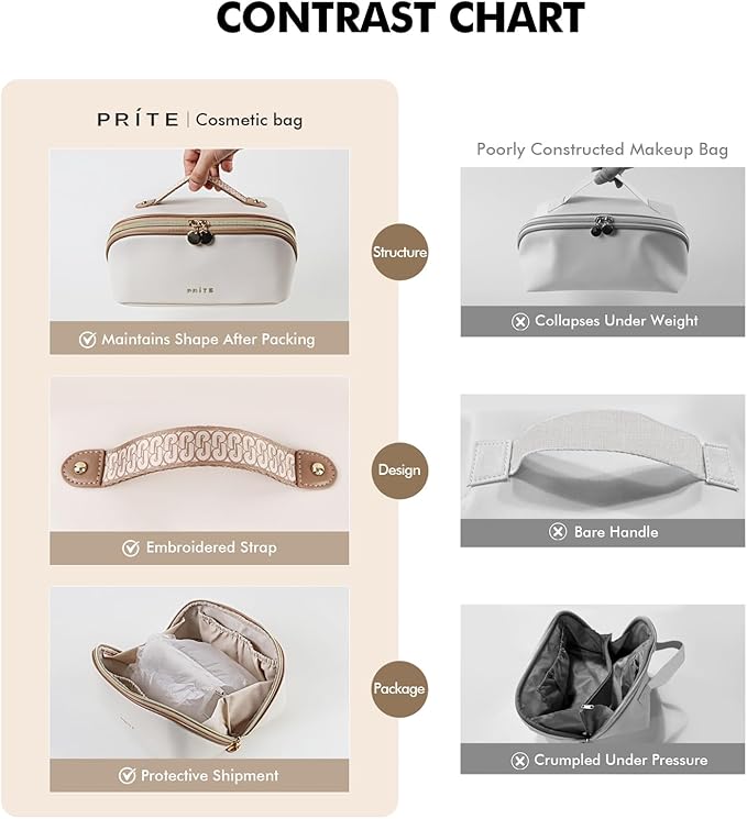 Prite Makeup Bag for Women Travel Waterproof Vegan Leather Cosmetic Bag Open Flat Toiletry Bag With Clear Divider and Handle (Beige, Medium)
