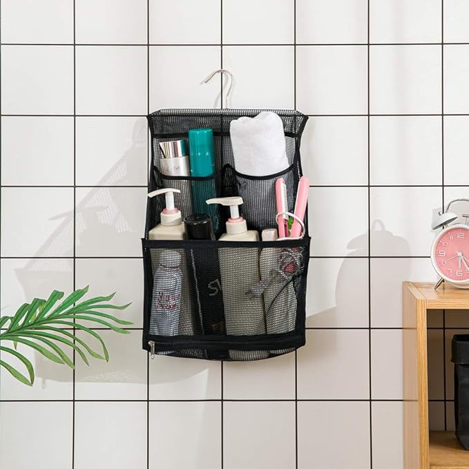 ALYER Hanging Mesh Bath Toy Organizer Bag,Large Shower Storage Caddy with Durable Hanger (Black)