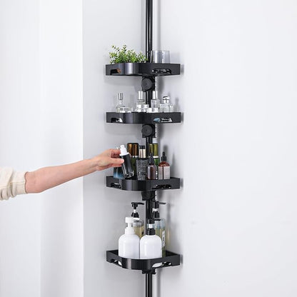 akinbas Tension Pole Shower Caddy Organizer with 4 Tier L-Shaped Rust Resistant Bathroom Corner Shelves with 34-124 Inch Adjustable No Drilling Quick Install Shower Rack for Bath Essentials (Black)