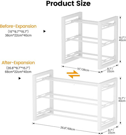 Homeiju Expandable Shoe Rack, 3 Tier Metal Shoe Shelf, Adjustable Shoe Stand for Sneakers, Boots, Heels, Heavy-Duty Steel Standing Shoe Organizer for Entryway, Closet, Bedroom, White