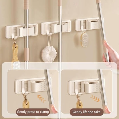3PCS Mop and Broom Gripper with Hook Wall Mounted Self Adhesive or Drilling Mop Storage Rack for Closet Laundry Bathroom Cleaning Tool Organizer