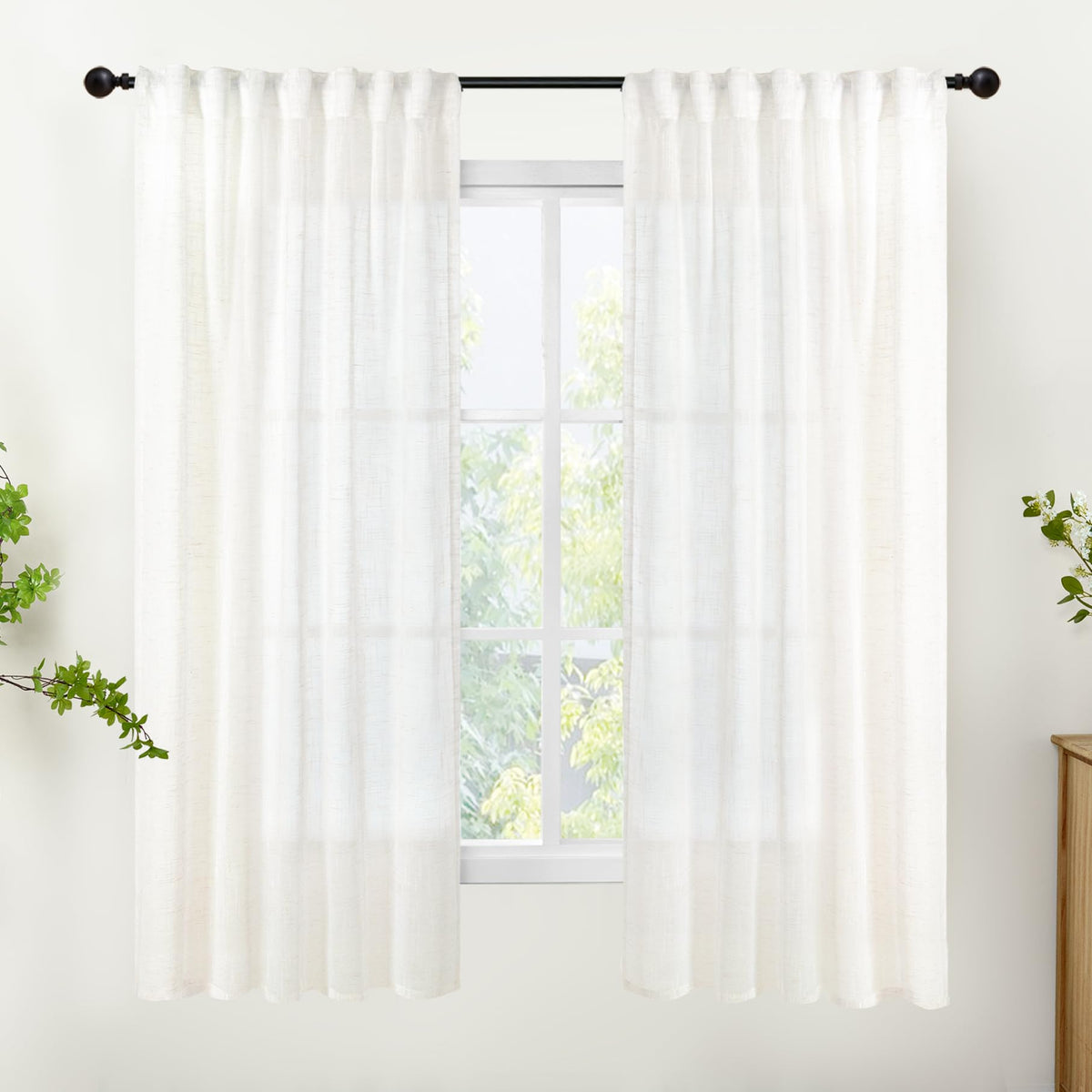 Ivory White Linen Curtains 63 Inch Length for Living Room (2 Count)