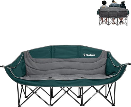 KingCamp 3 Person Camping Chair, Oversized 1100lbs Heavy Duty Loveseat for Adults Portable Folding XL 2 Person Couch Padded Comfortable Three Seat with Cup Holder for Outdoor Lawn Backyard, Green/Grey
