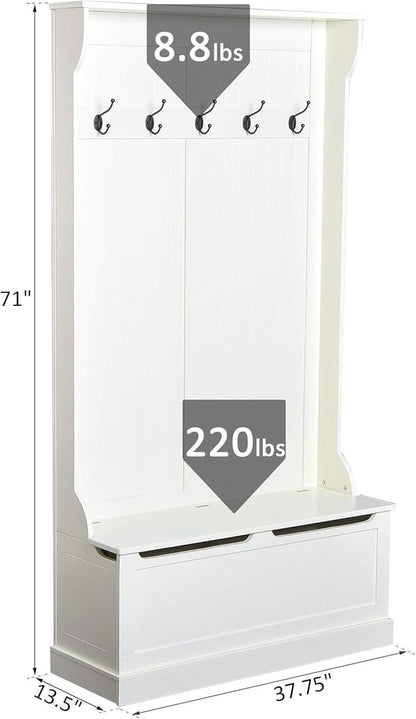 HOMCOM Hall Tree with Bench and Shoe Storage, 3-in-1 Entryway Bench with Coat Rack, 5 Hooks and Flip Top Storage Compartment, Cream White