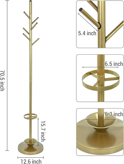 MyGift Freestanding Coat Rack, Modern Brass Tone Metal Hat Organizer Tree and Umbrella Holder Stand with 6 Hanger Hooks for Hanging Clothes Purse Bag Jacket