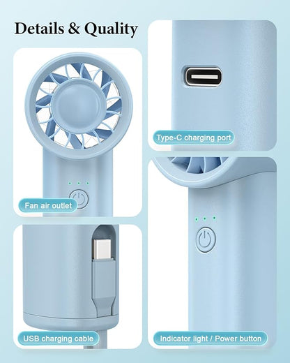 Portable Handheld Fan with Power Bank(High-Speed),3 IN 1 USB Rechargeable Mini Personal Fan with Flashlight,Small Size for Outdoor/Travel/Beach/Concerts/Summer.Gifts for Girl,Women.Blue