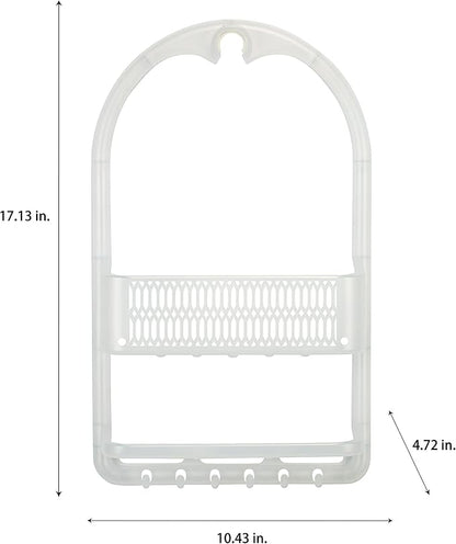 Bath Bliss Molded Shower Caddy | Bathroom Storage | Hangs Over Shower Head | 6 Accessory Hooks | Holds Razors | Washcloths | Accessories | Suction Cup Stability | White