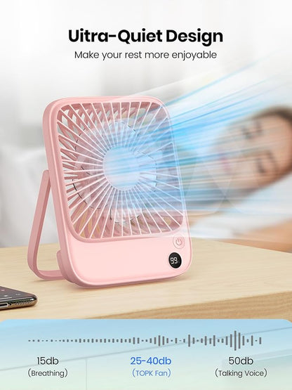 TOPK 2 Pack 5000mAh Portable Desk Fan, Ultra-Thin Rechargeable Battery Operated Fan with Digital Display, Quiet 4-Speed Small Personal Travel Fans for Office, Bedroom, Cruise, Outdoor