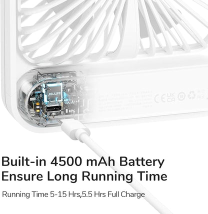 JISULIFE Desk Fan Battery Rechargeable, 4500mAh 180°Foldable Portable Personal Fan, 4 Speeds Adjustable Long Battery-life for Home Office Travel Outdoor Gifts for Women Men-White