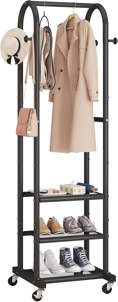 Dttwacoyh Narrow Hall Tree for Small Space, Small Coat Rack with Shoe Shelves, Tall Free Standing Metal Garment Rack on Wheels and Hanging Hooks for Entryway, Mud Room, Laundry Room – Black