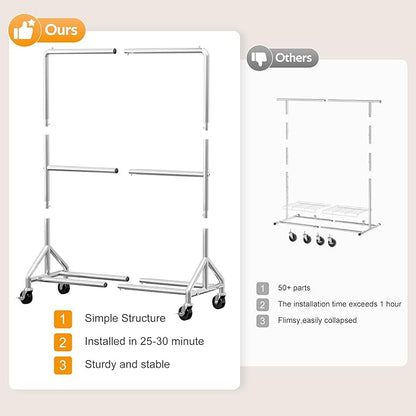 AOODA 50'' W Heavy Duty Clothes Rack for Hanging Clothes, Double Rods Industrial Clothing Rack with Wheels, Sturdy Rolling Garment Rack for Shirts, Coats, Jackets (Silver)
