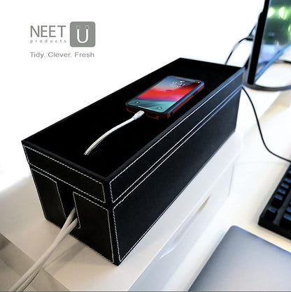 NEET Cable Management Box Large, Computer Cord Organizer, Hide and Conceal, Power Cable Organizer, Computers and Desks, Black Stitched Leather