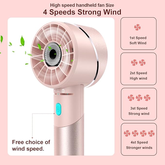 Lepwings Handheld Fan, Mini Small Portable Turbo Fan, Rechargeable with 4 High Speeds Personal Fans, Max 16H Runtime, For Travel, Office, Outdoor - Pink